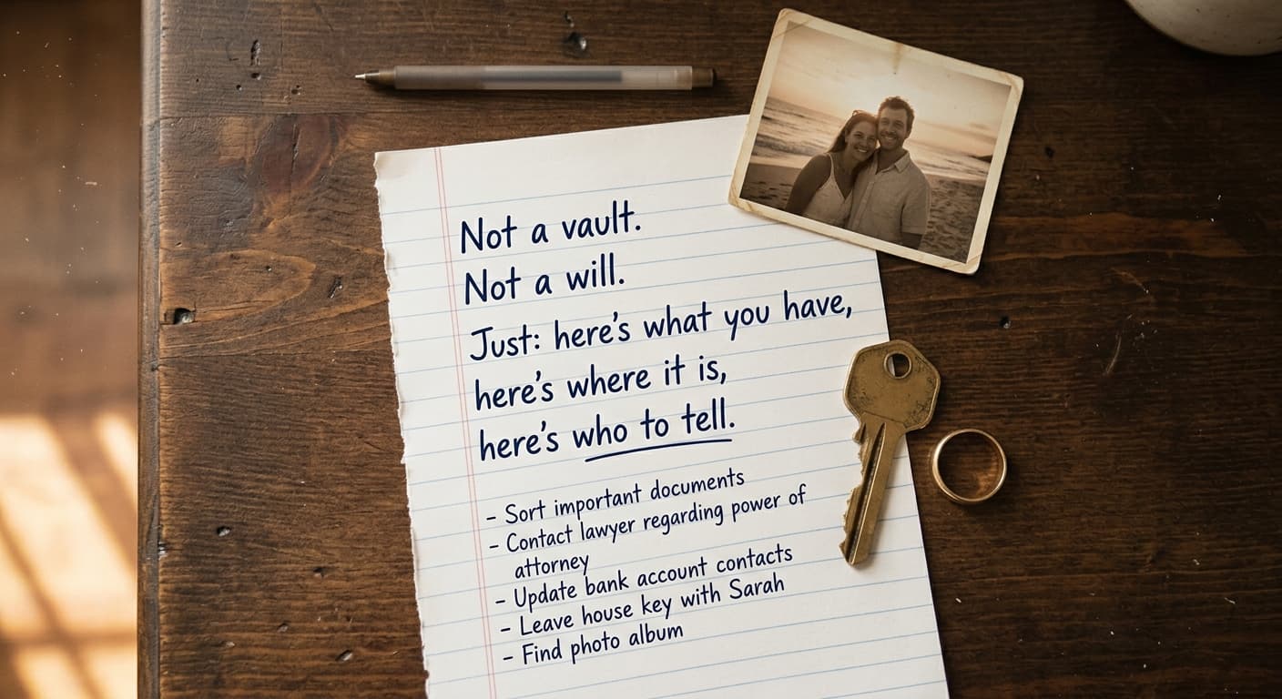 Not a vault. Not a will. Just: here's what you have, here's where it is, here's who to tell.